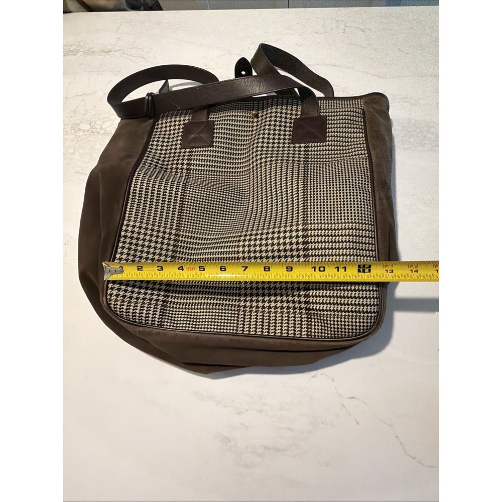 Ralph Lauren Herringbone Plaid Suede Tote Bag Large Brown Leather Handles Laptop - Picture 13 of 16